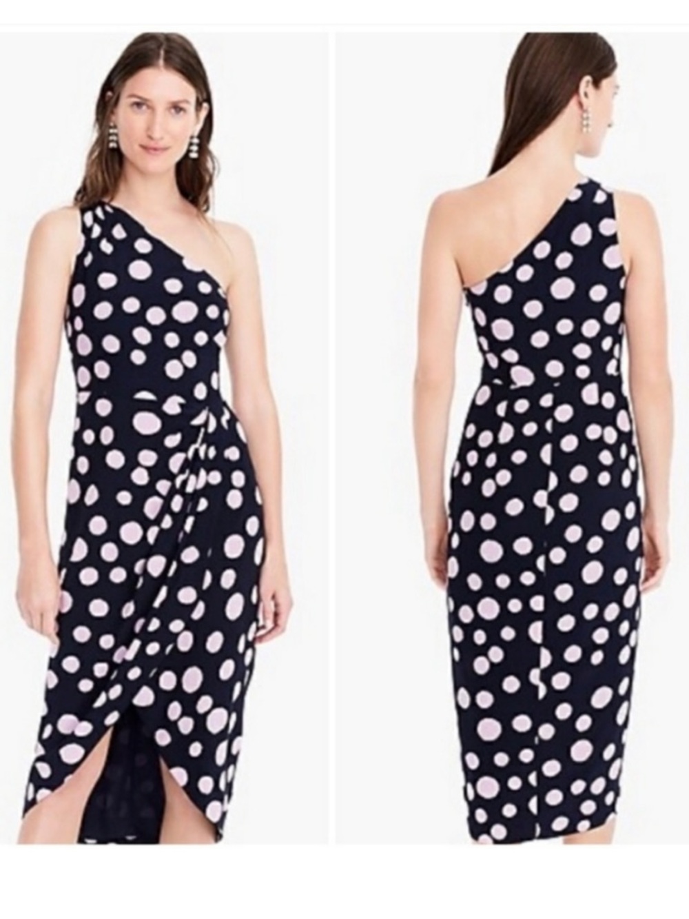 NWT J. Crew Silk One-Shoulder Dress Polka Dot Navy Blue Purple Wrap Tulip Hem 6
